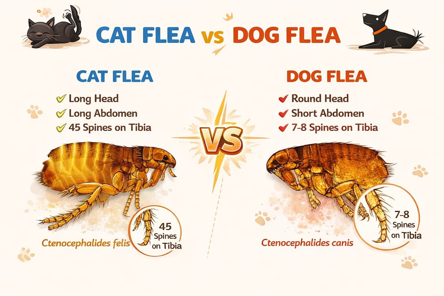 Key anatomical differences between cat fleas (Ctenocephalides felis) and dog fleas (Ctenocephalides canis). Infographic comparing cat flea and dog flea anatomy including head shape, abdomen length, and tibia spines