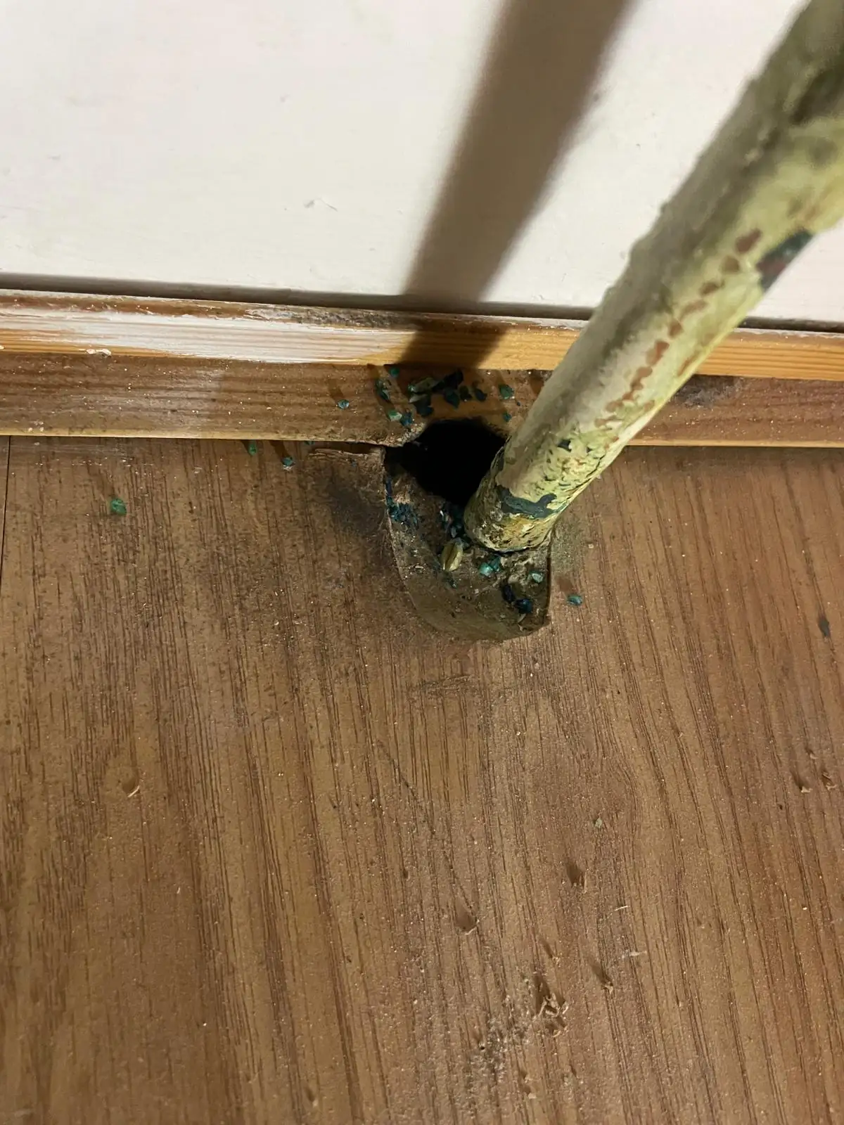 Gnaw marks and damage around a pipe entry point caused by mice Gnaw marks and damage around a pipe entry point caused by mice