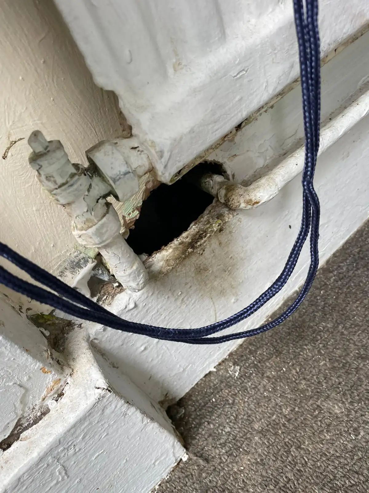 Dark grease smear marks left by rats along a board surface Dark grease smear marks left by rats along a board surface